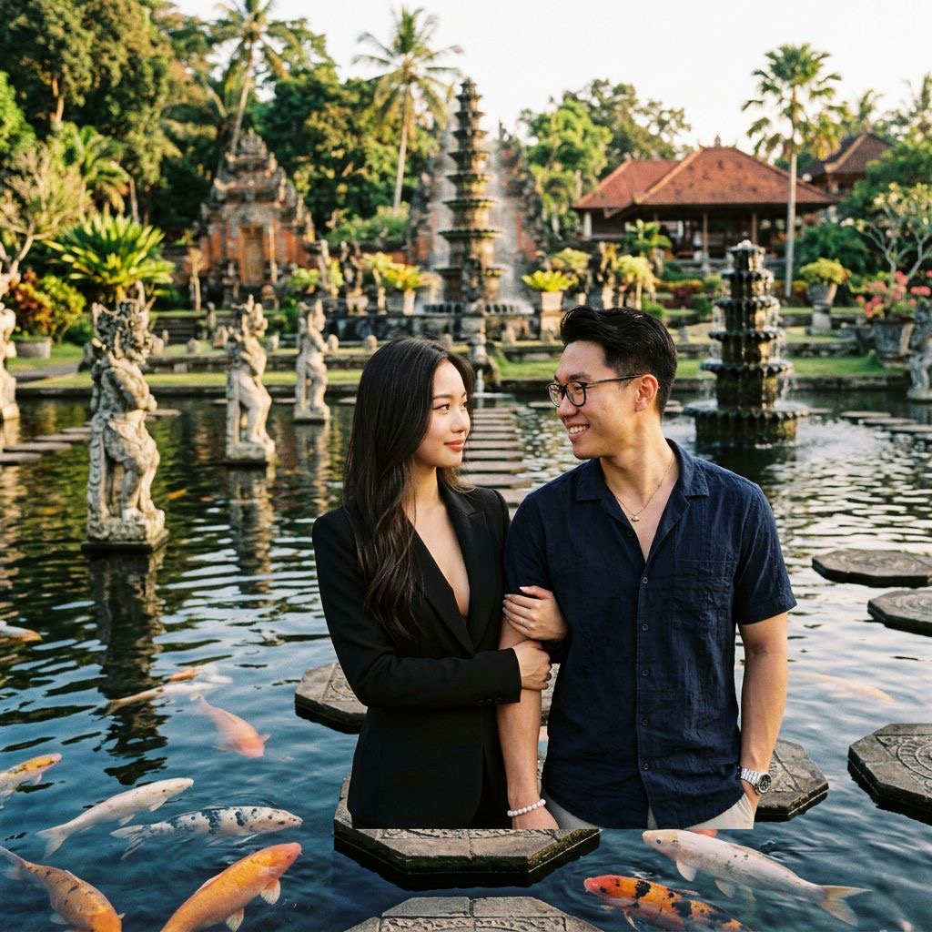 AI pre-wedding photo in Bali jungle and Uluwatu cliff
