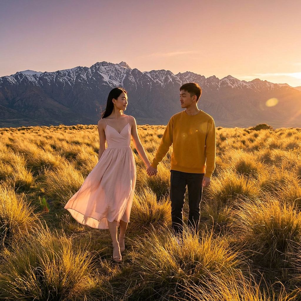 AI couple photo at Lake Tekapo New Zealand lupin fields